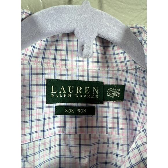 Lauren by Ralph Lauren Dress Shirt Size 15 1/2 34/35 No Iron Check Pink Blue - Picture 2 of 4